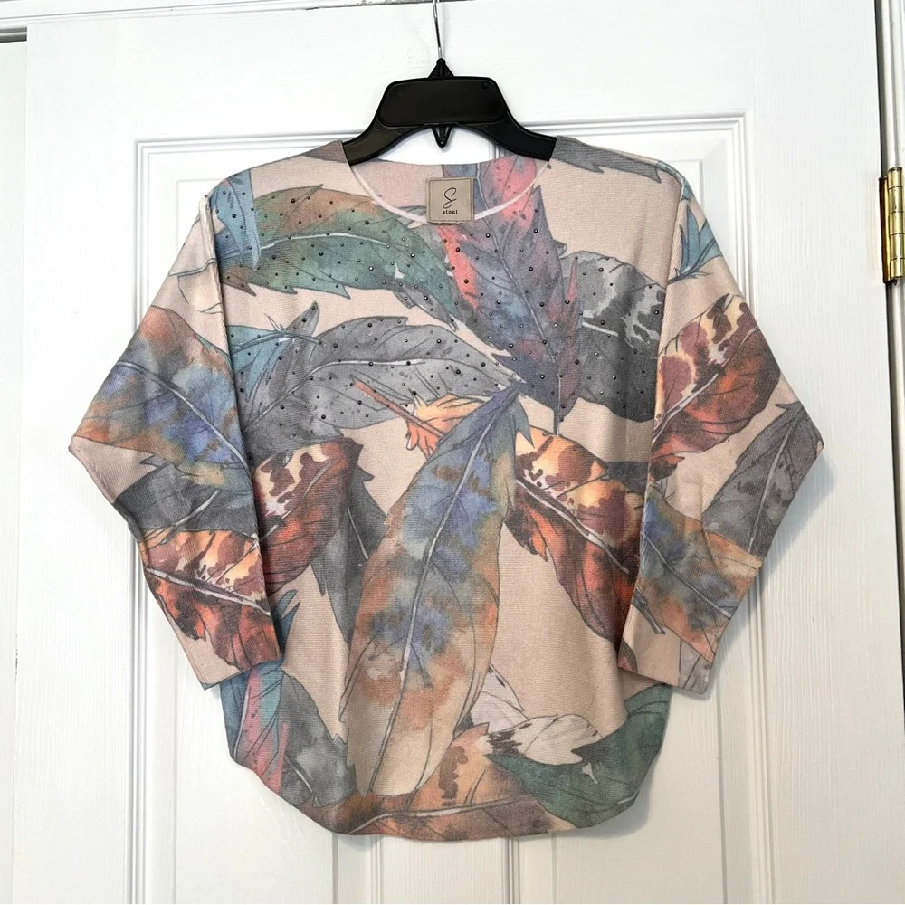 SIONI sweater feathers rhinestones dolman sleeves Small